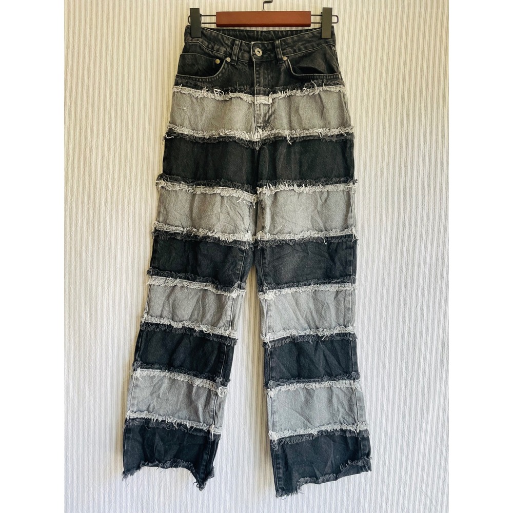 The Ragged Priest Black Grey Patchwork Frayed Wide Leg Jeans Size 24 Grunge Edgy
